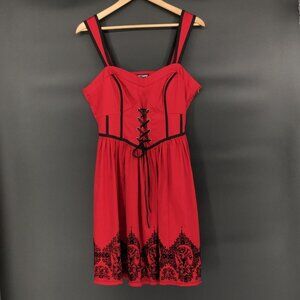 Hot Topic Women's Velvet Border Print Skeleton Dress L Red Black Gothic Roses